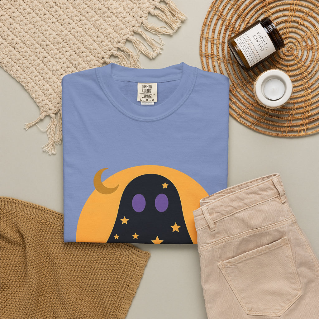 Ghost Halloween Spooky Gift Cute Specter Horror Fan Ghostly Macabre Minimalist Crescent T-Shirt