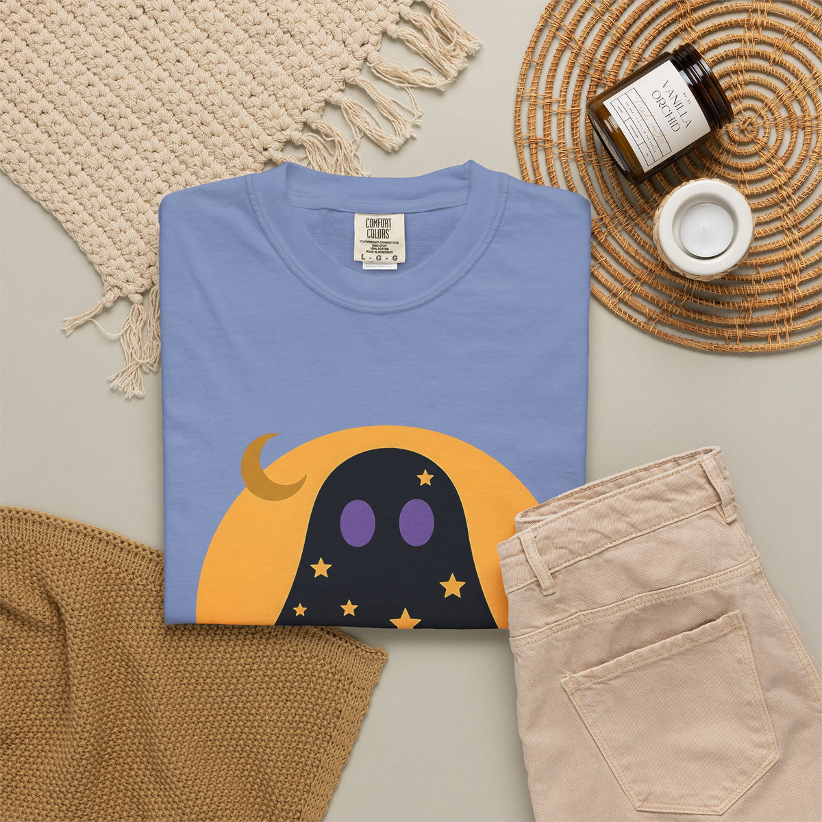 Ghost Halloween Spooky Gift Cute Specter Horror Fan Ghostly Macabre Minimalist Crescent T-Shirt