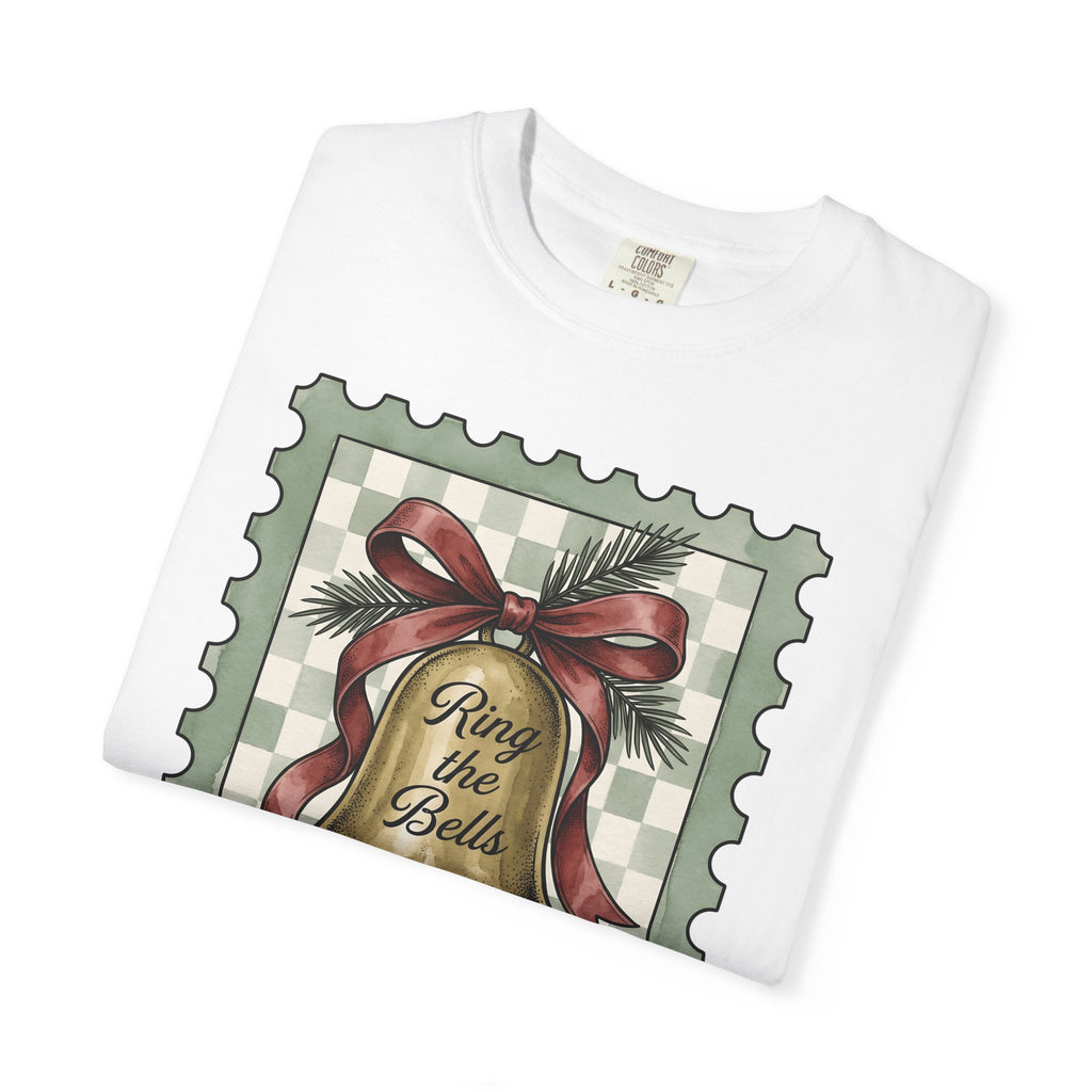 Festive Bell T-Shirt Christmas Seasonal Gift Women Retro T-Shirt Jingle Bell T-Shirt Christmas Fan Vintage T-Shirt Holiday Graphic Rustic Fir Twig