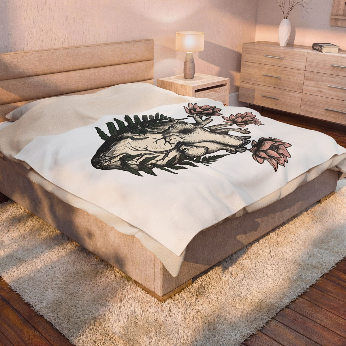 Heart Bloom Blanket Boho Chic Environment Gift Women Natural Blanket Flower Blanket Bohemian Fan Organic Graphic Illustration Sketch Foliage
