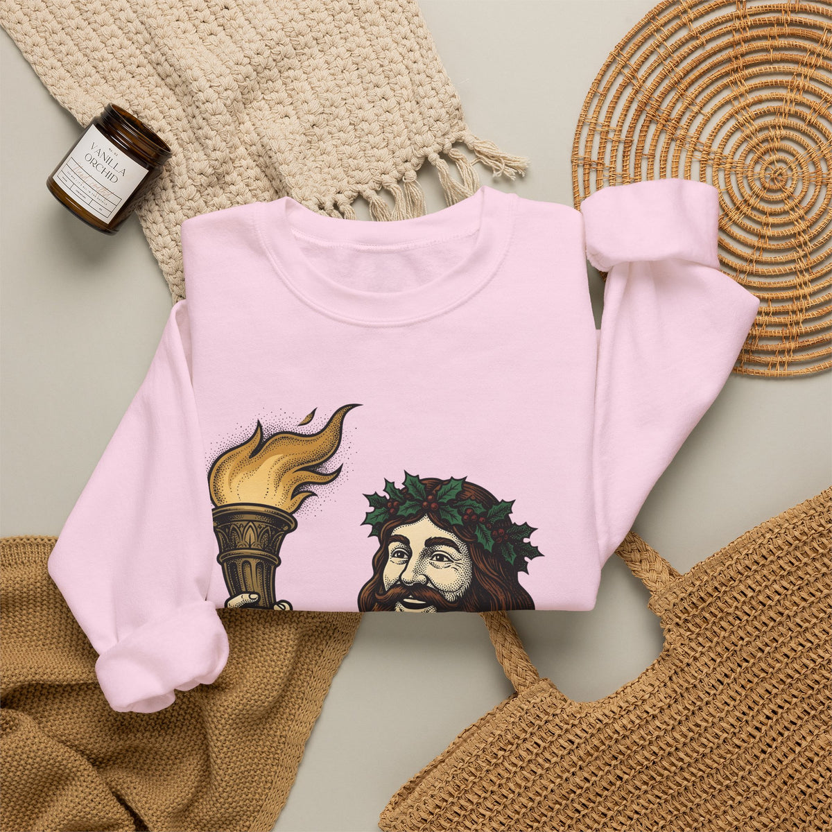 Santa Torch Sweatshirt Christmas Holiday Gift Women Vintage Sweatshirt Torch Sweatshirt Christmas Fan Retro Sweatshirt Seasonal Graphic Hand Drawn Holly Crown