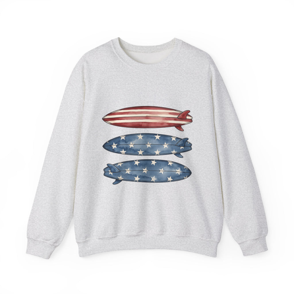American Surfboards Sweatshirt 4th Of July Ocean Gift Women Painting Sweatshirt Surfboard Sweatshirt Independence Day Fan Artistic Sweatshirt Sea Graphic Retro