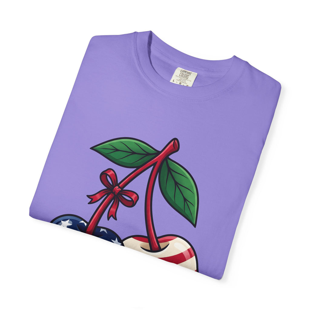 American Cherries 4Th Of July Beach Gift Comic Cherry Independence Day Fan Cartoon Coastal T-Shirt