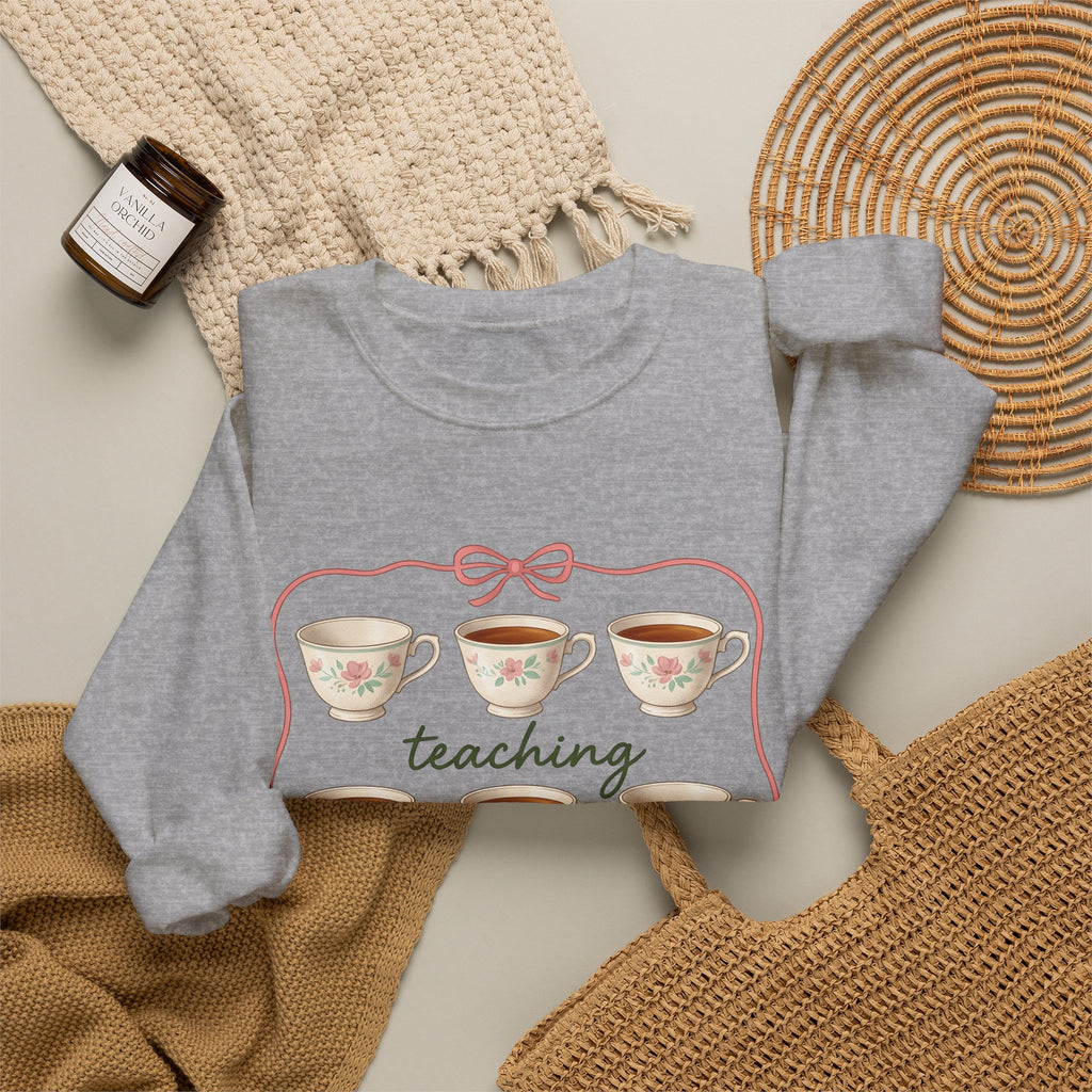 Floral Teacup Sweatshirt Teachers Coffee Gift Women Vintage Sweatshirt Teacup Sweatshirt Educator Enthusiast Retro Sweatshirt Caffeine Graphic Hand Drawn Bow