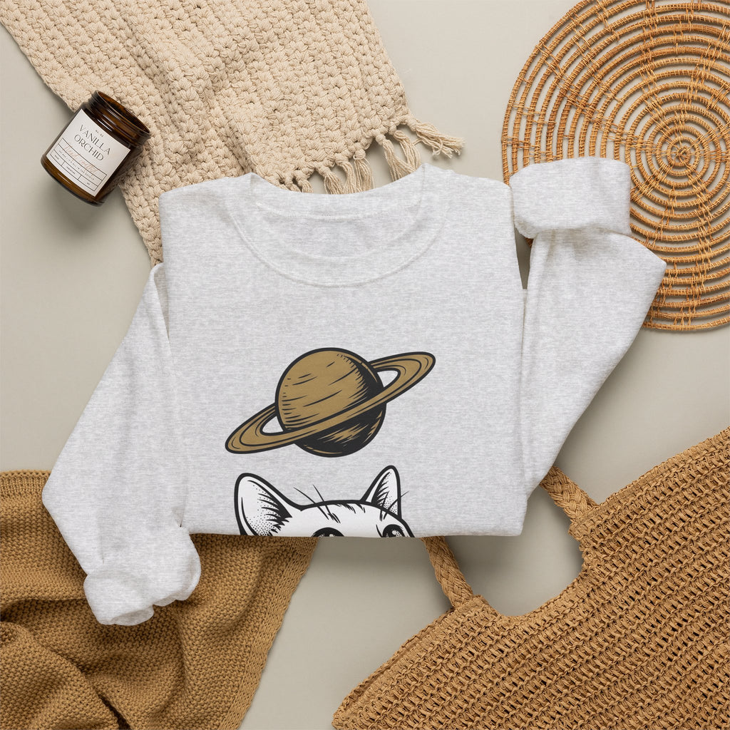 Cat Graphic Sweatshirt Cat Space Gift Women Line Art Sweatshirt Kitten Sweatshirt Feline Fan Simple Sweatshirt Galaxy Graphic Minimalist Planet Sweatshirt