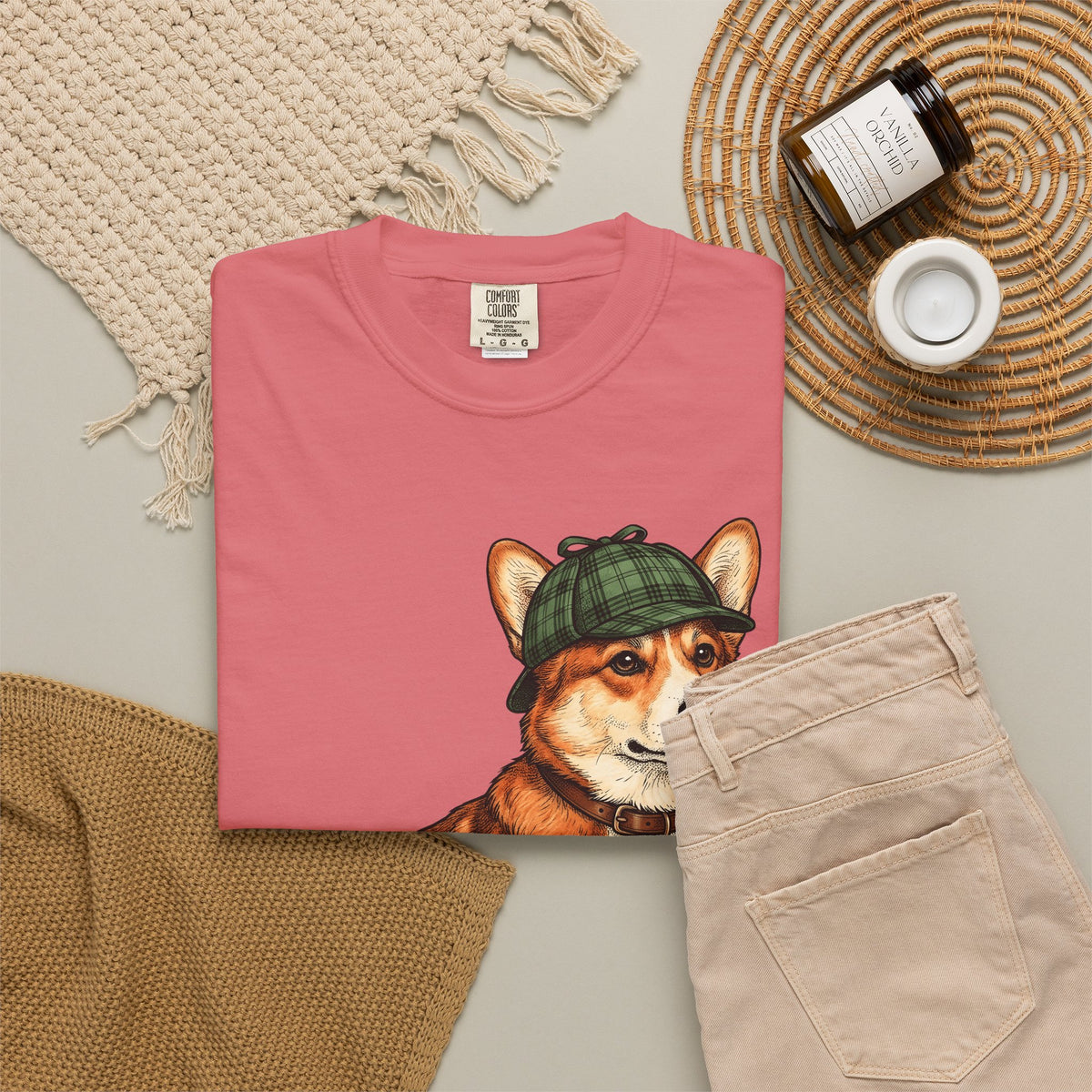 Corgi Puppy Dog Animals Gift Sketch Puppy Dog Fan Canine Doggy Retro Detective Cap T-Shirt
