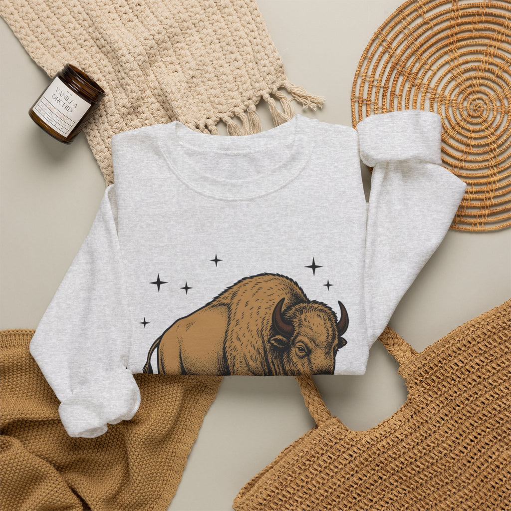 Buffalo Art Sweatshirt Animal Environment Gift Women Rustic Sweatshirt Bison Sweatshirt Wildlife Fan Primitive Sweatshirt Eco Graphic Line Art Star Symbols