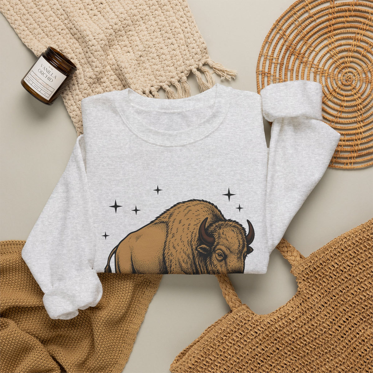 Buffalo Art Sweatshirt Animal Environment Gift Women Rustic Sweatshirt Bison Sweatshirt Wildlife Fan Primitive Sweatshirt Eco Graphic Line Art Star Symbols