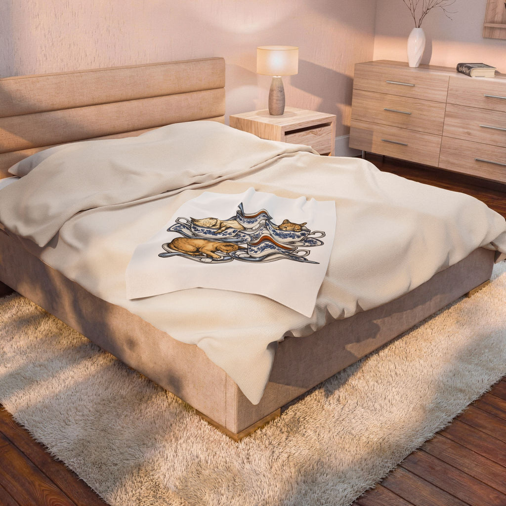 Cat Teacup Blanket Cat Beverage Gift Women Retro Blanket Kitty Blanket Cat Fan Vintage Blanket Coffee Graphic Sketch Flower Design Blanket