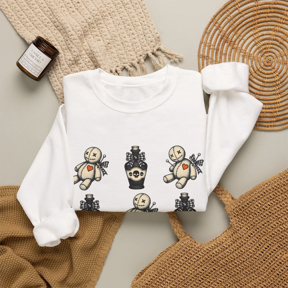 Charm Doll Sweatshirt Halloween Macabre Gift Women Old School Sweatshirt Voodoo Doll Sweatshirt Horror Fan Retro Sweatshirt Dark Graphic Throwback Remedy Flask