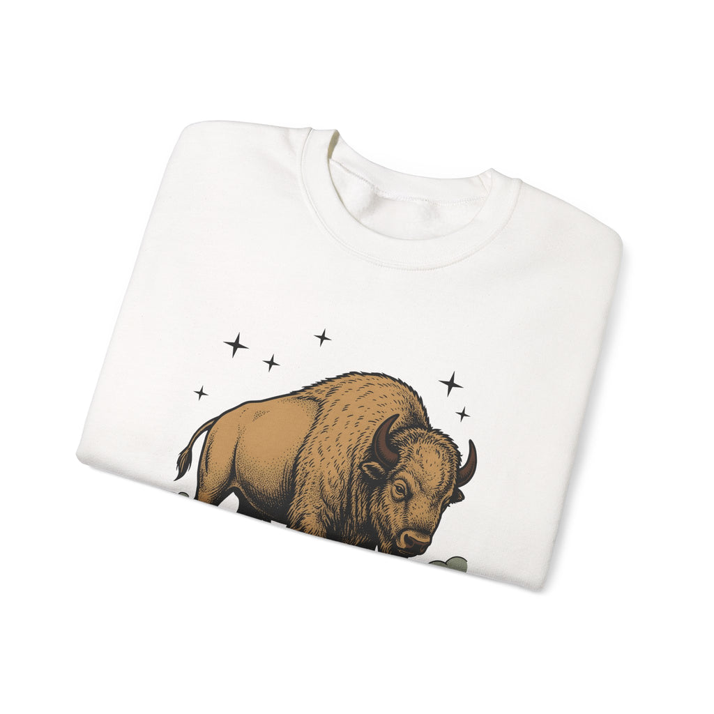 Buffalo Art Sweatshirt Animal Environment Gift Women Rustic Sweatshirt Bison Sweatshirt Wildlife Fan Primitive Sweatshirt Eco Graphic Line Art Star Symbols