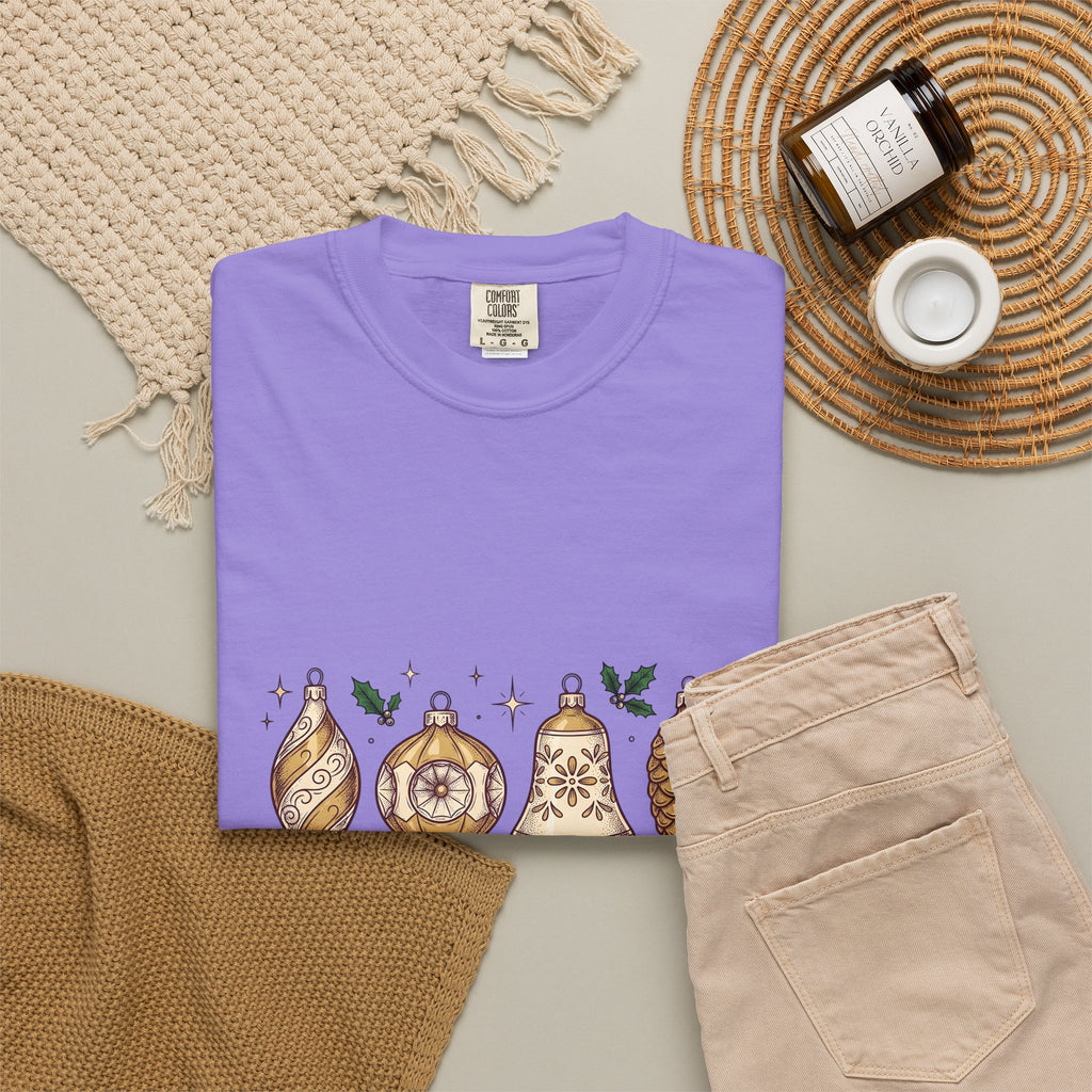 Festive Ornaments T-Shirt Christmas Event Gift Women Line Art T-Shirt Baubles T-Shirt Xmas Fan Illustration Graphic T-Shirt Hand Painted Pine