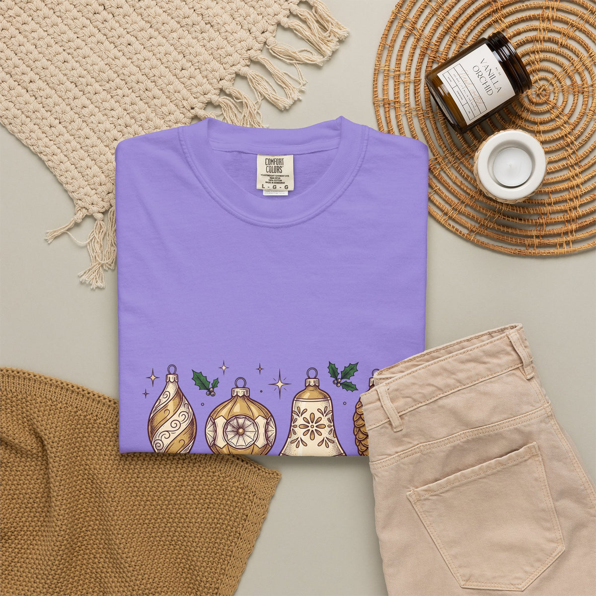 Festive Ornaments T-Shirt Christmas Event Gift Women Line Art T-Shirt Baubles T-Shirt Xmas Fan Illustration Graphic T-Shirt Hand Painted Pine