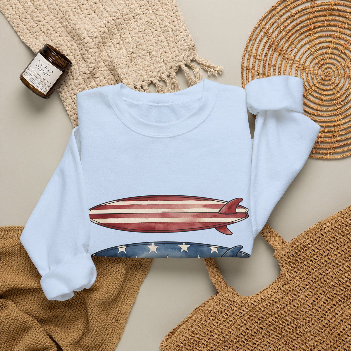 American Surfboards Sweatshirt 4th Of July Ocean Gift Women Painting Sweatshirt Surfboard Sweatshirt Independence Day Fan Artistic Sweatshirt Sea Graphic Retro