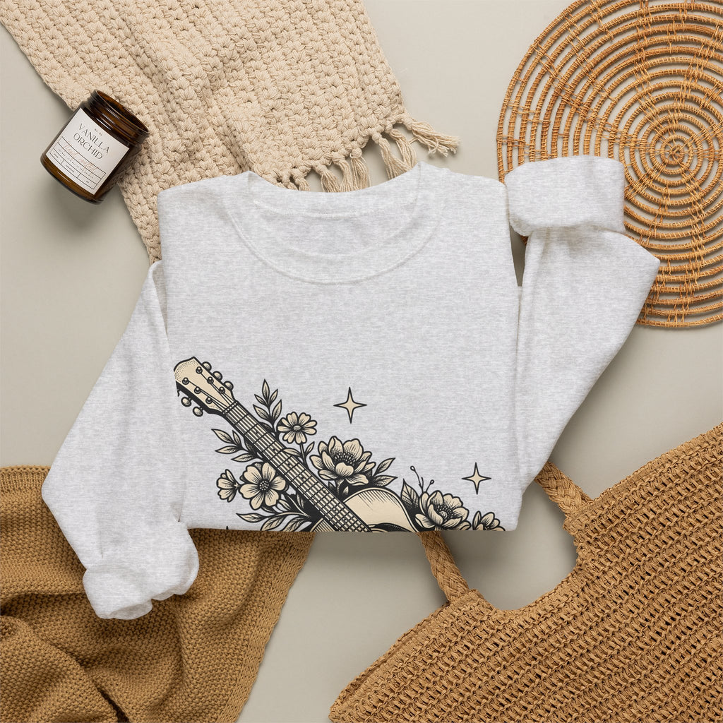 Blossom Guitar Sweatshirt Floral Melody Gift Women Illustrative Sweatshirt Guitar Sweatshirt Flower Fan Illustrated Sweatshirt Harmony Graphic Old School Star