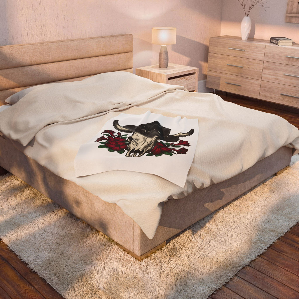 Bull Skull Hat Blanket Cowgirl Ranch Gift Women Line Art Blanket Skull Cap Blanket Cowgirl Fan Illustration Graphic Retro Crimson Blooms Blanket