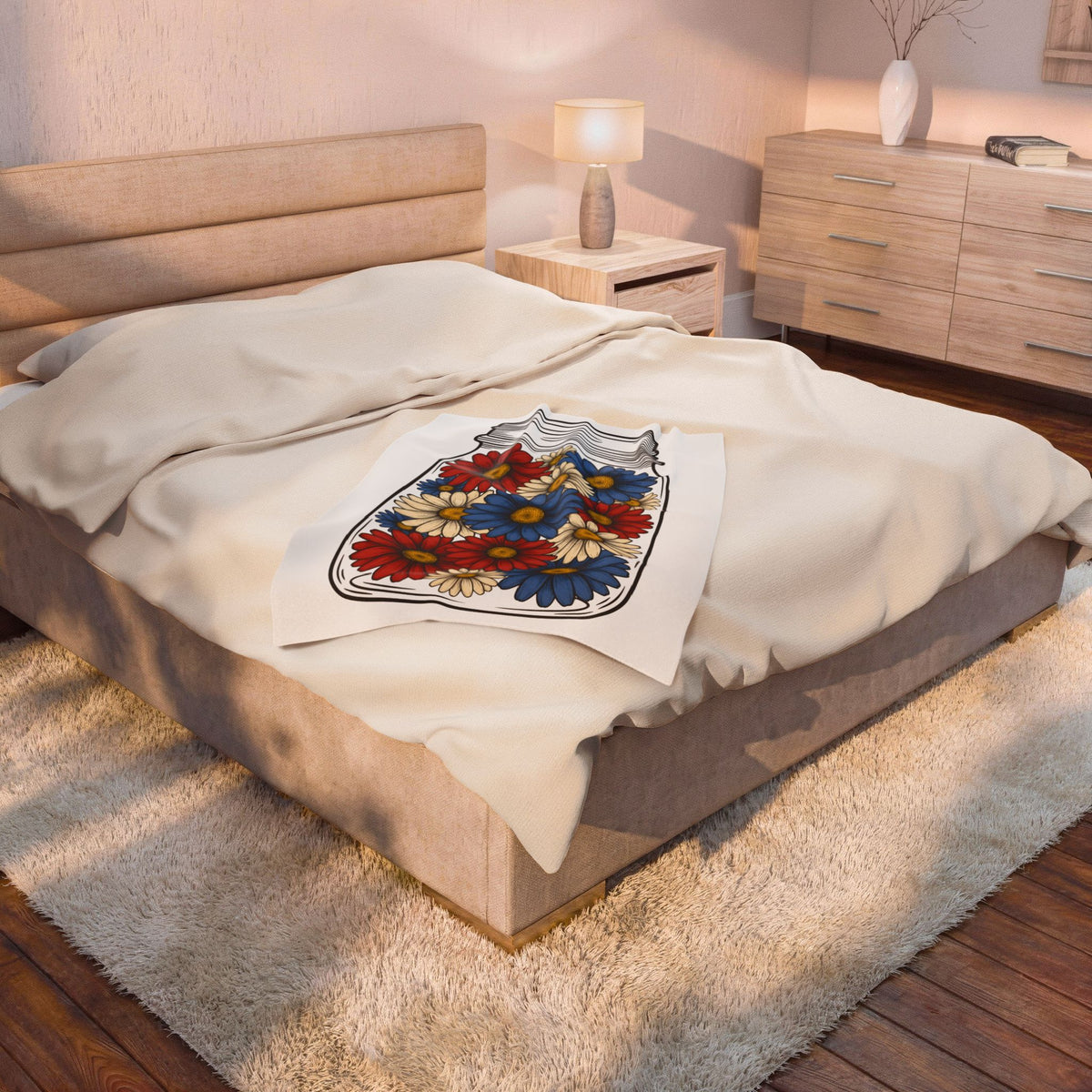 Glass Jar Blooms Blanket 4th Of July Garden Gift Women Sketch Blanket Mason Jar Blanket Patriotic Fan Vintage Drawing Yard Graphic Retro
