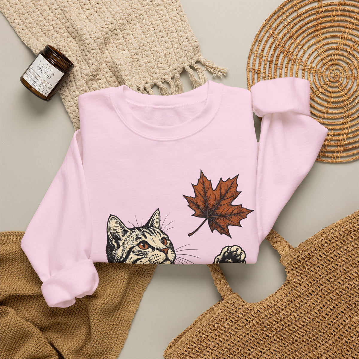 Tabby Cat Sweatshirt Cat Autumn Gift Women Vintage Sweatshirt Kitty Sweatshirt Feline Fan Retro Sweatshirt Fall Graphic Hand Drawn Maple Leaf Sweatshirt