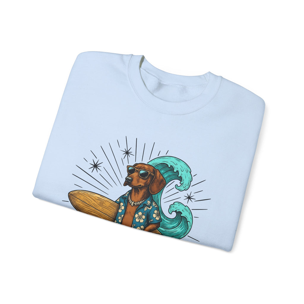 Dachshund Surfer Sweatshirt Dog Holiday Gift Women Animated Sweatshirt Wiener Dog Sweatshirt Dog Fan Cartoon Sweatshirt Vacation Graphic Retro Surfboard Sweatshirt