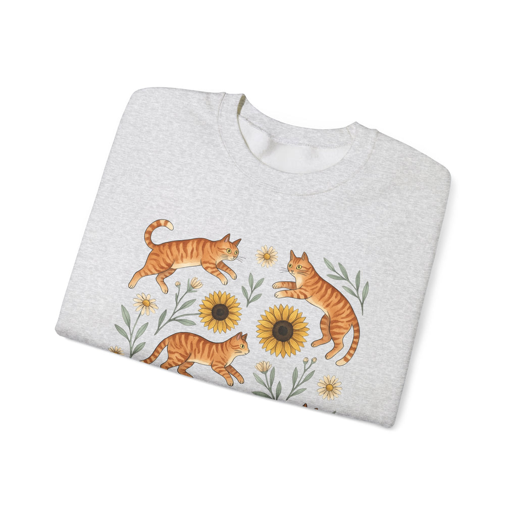 Ginger Cats Sweatshirt Cat Flower Gift Women Cartoon Sweatshirt Orange Cat Sweatshirt Cat Fan Feline Graphic Illustration Comic Sweatshirt Sketch Sunflower