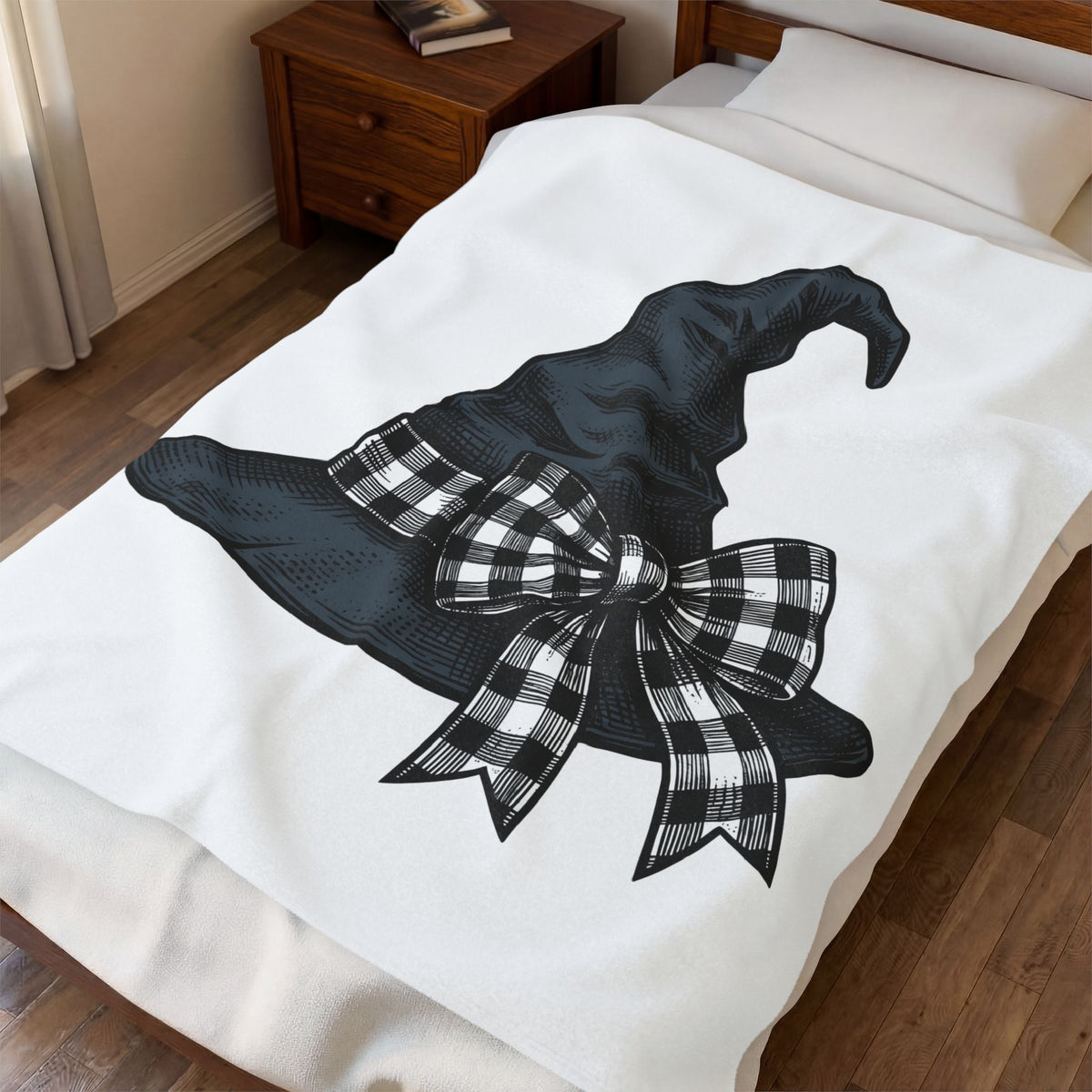 Witch Hat Blanket Halloween Sorcery Gift Women Cartoon Blanket Wizard Hat Blanket Halloween Fan Comic Blanket Magic Graphic Silhouette Gingham Bow