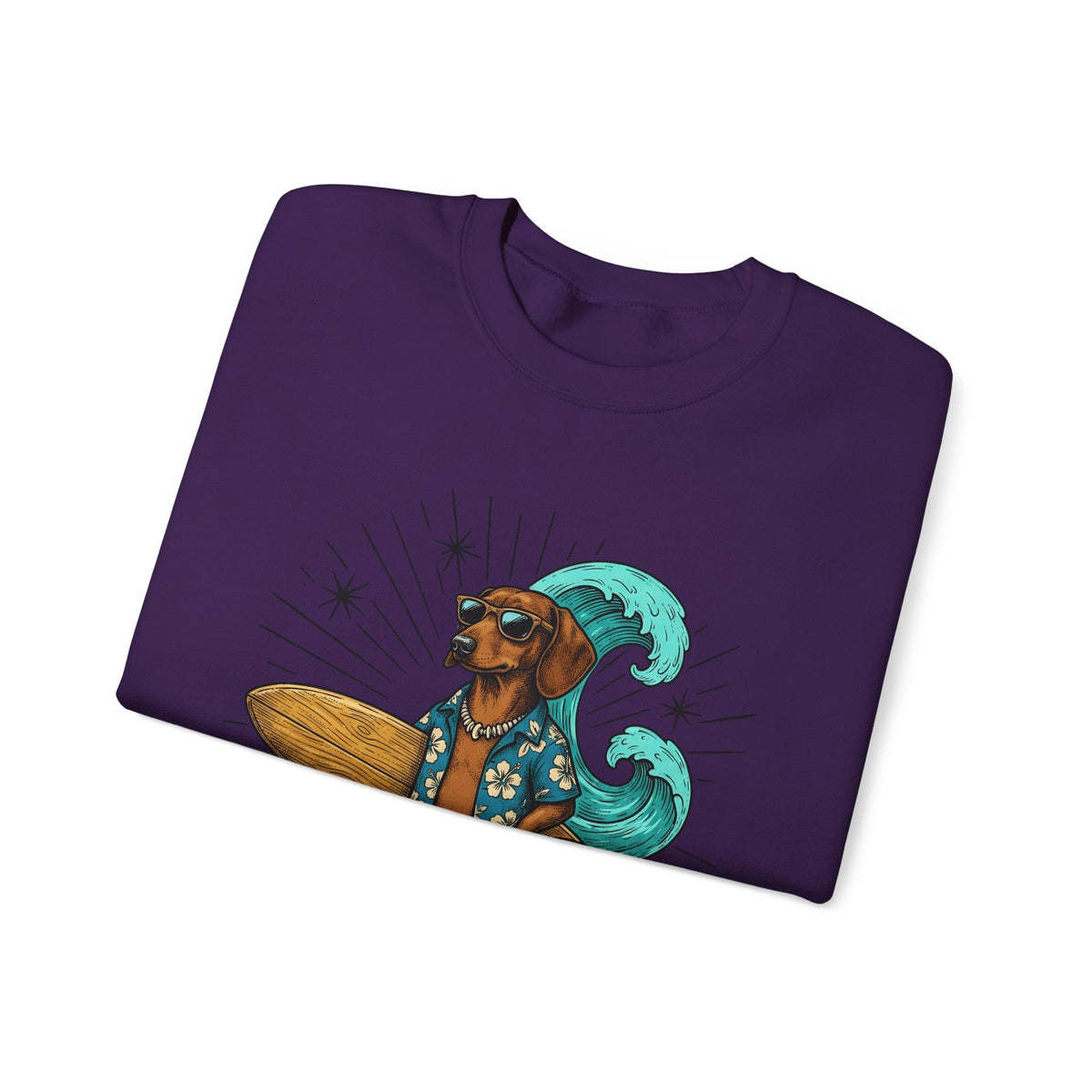 Dachshund Surfer Sweatshirt Dog Holiday Gift Women Animated Sweatshirt Wiener Dog Sweatshirt Dog Fan Cartoon Sweatshirt Vacation Graphic Retro Surfboard Sweatshirt