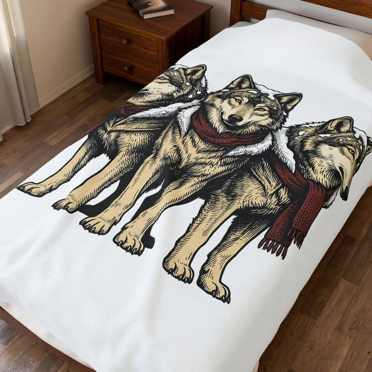 Wolf Trio Blanket Christmas Animal Gift Women Hand Drawn Blanket Pack Blanket Xmas Fan Illustrated Blanket Creature Graphic Vintage Scarf Blanket