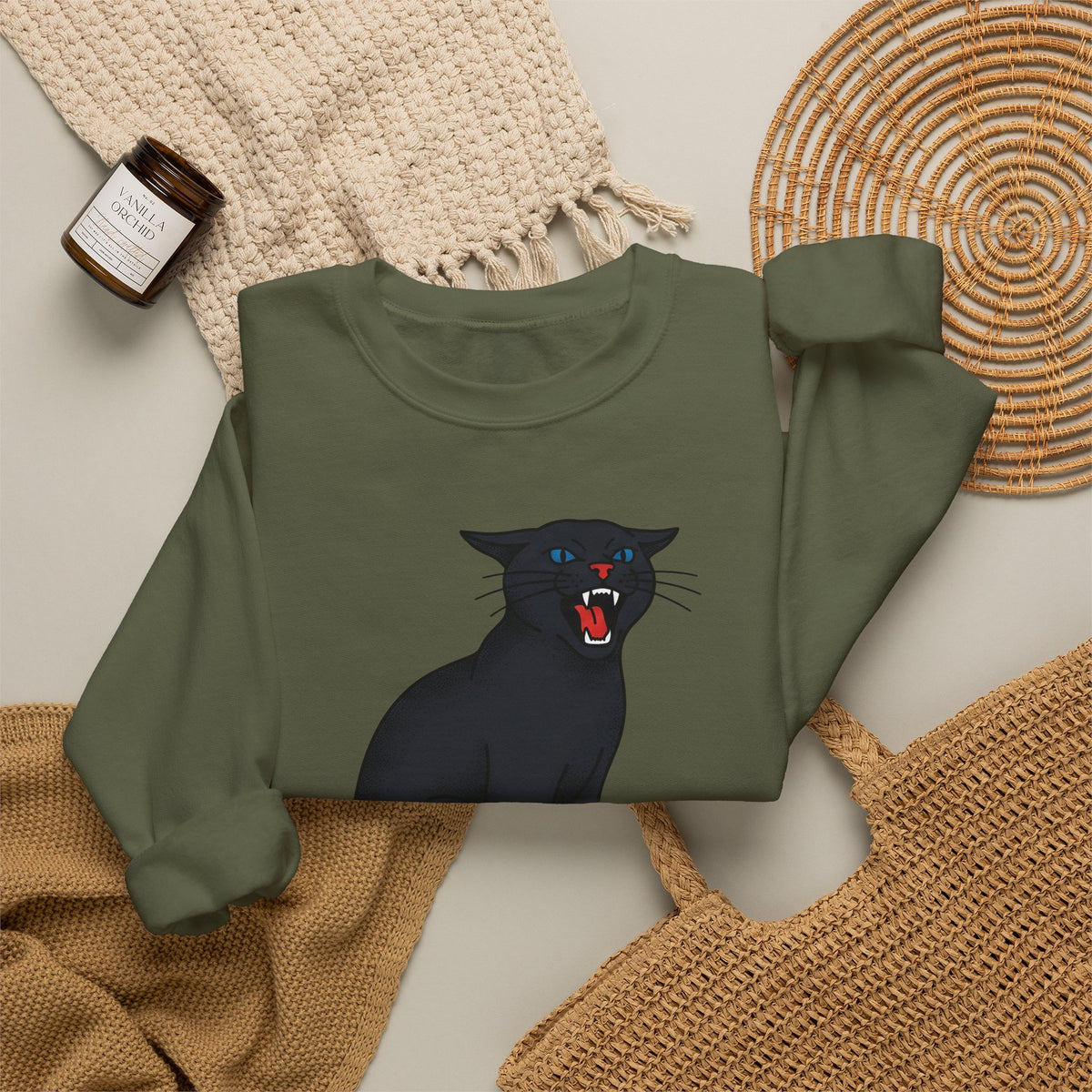 Black Cat Sweatshirt Cat Humor Gift Women Bold Graphic Sweatshirt Cat Sweatshirt Cat Fan Graphic Sweatshirt Funny Graphic Retro Fangs Sweatshirt