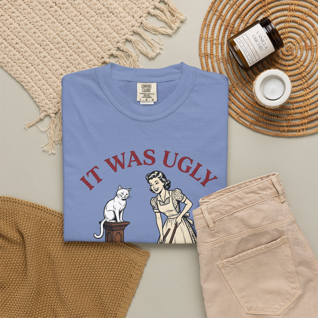 Pussycat Antique Maid T-Shirt Cat Satire Gift Women Classic T-Shirt Kitty T-Shirt Feline Fan Vintage T-Shirt Parody Graphic Line Art Broken Urn