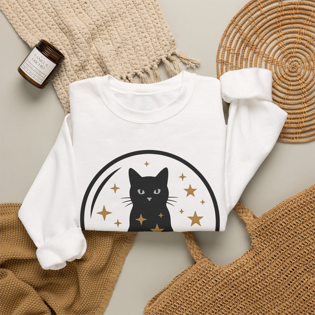Dark Cat Orb Sweatshirt Cat Magic Gift Women Simple Sweatshirt Black Cat Ball Sweatshirt Cat Fan Feline Graphic Sweatshirt Retro Sparkles Sweatshirt