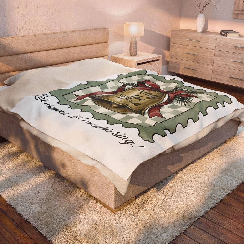 Festive Bell Blanket Christmas Seasonal Gift Women Retro Blanket Jingle Bell Blanket Christmas Fan Vintage Blanket Holiday Graphic Rustic Fir Twig