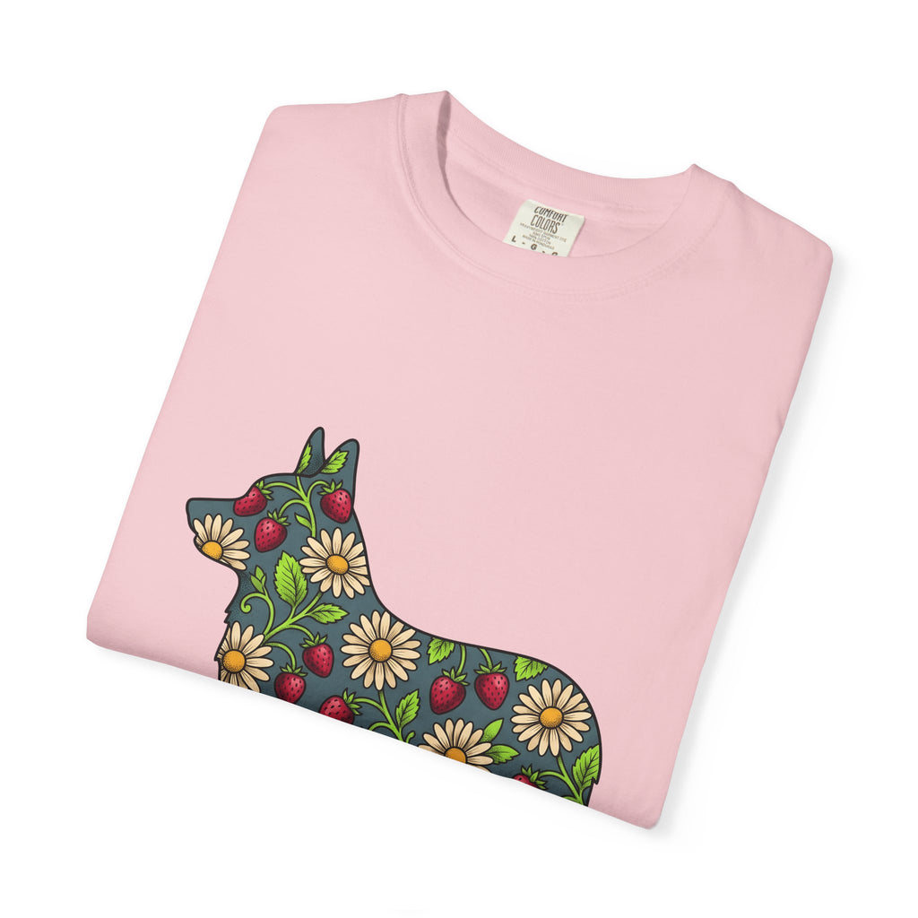 Corgi Blossom T-Shirt Dog Wildlife Gift Women Garden T-Shirt Puppy T-Shirt Dog Fan Animal Graphic Illustration T-Shirt Hand Drawn Fruit T-Shirt