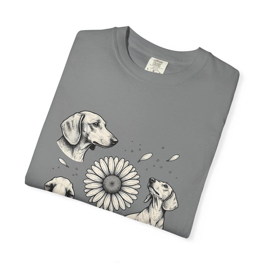 Dachshund Dog T-Shirt Dog Floral Gift Women Hand Drawn T-Shirt Wiener Dog T-Shirt Dog Fan Illustrated Design Vintage Daisy Flower T-Shirt