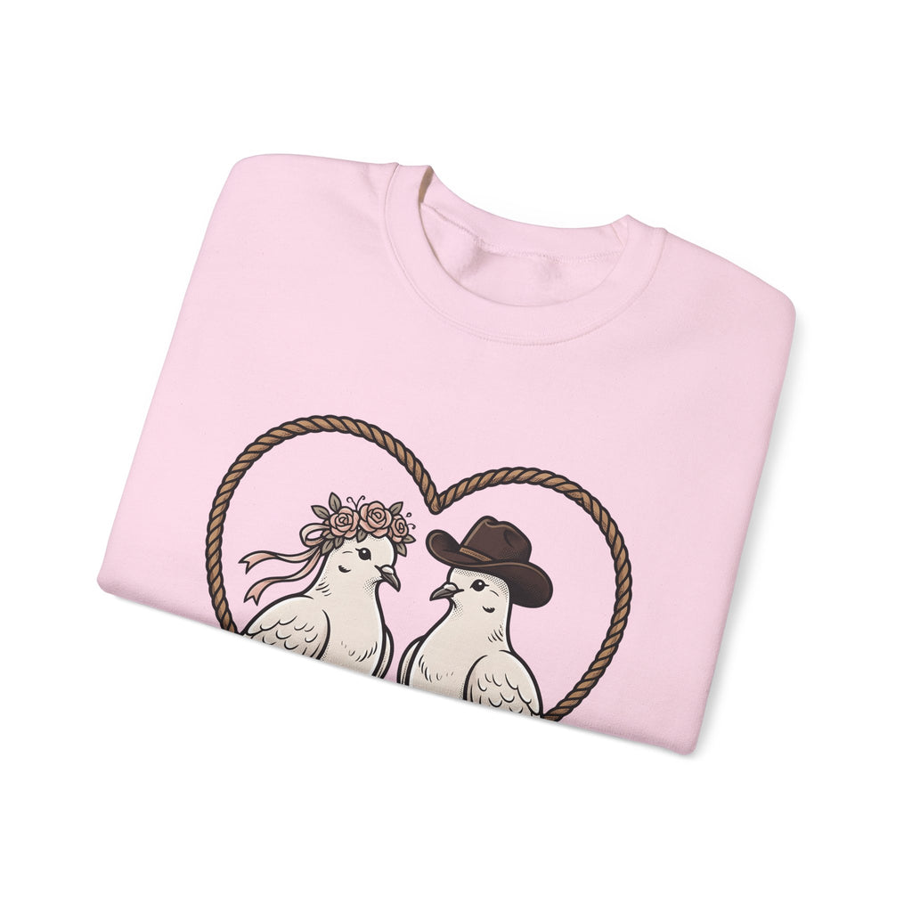 Dove Duo Sweatshirt Cowgirl Ranch Gift Women Classic Sweatshirt Pigeons Sweatshirt Rodeo Fan Rustic Graphic Sweatshirt Pen Drawing Braided Heart Sweatshirt