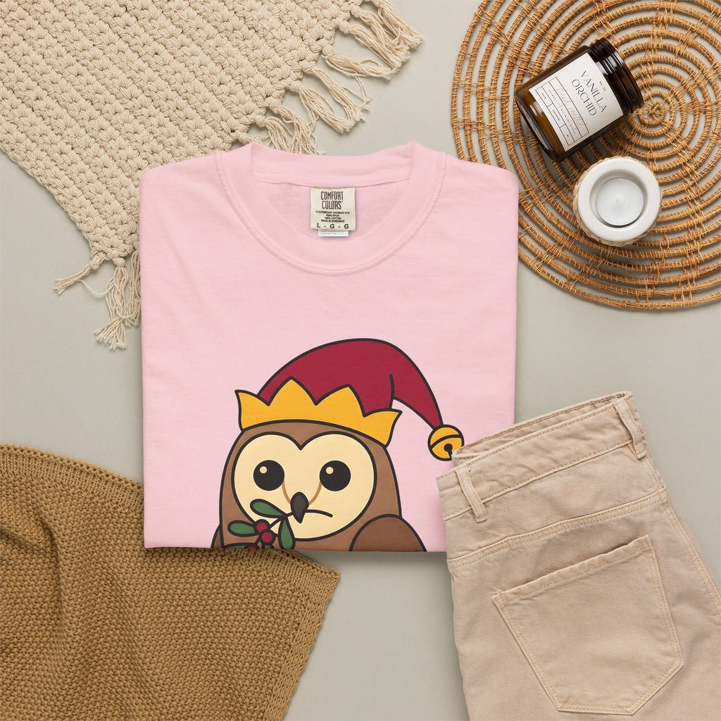 Owl Print T-Shirt Christmas Fauna Gift Women Playful T-Shirt Owl T-Shirt Christmas Fan Hoot Graphic Wildlife Illustration Fun Pine T-Shirt