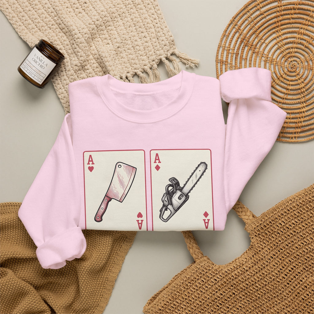 Spooky Card Deck Sweatshirt Halloween Fright Gift Women Hand Drawn Sweatshirt Tarot Card Sweatshirt Horror Fan Illustrated Sweatshirt Scary Graphic Cartoon
