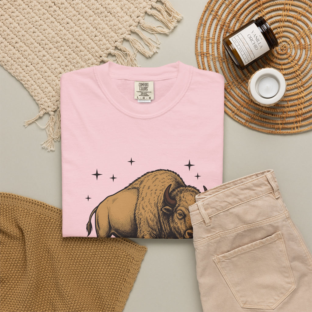 Buffalo Art T-Shirt Animal Environment Gift Women Rustic T-Shirt Bison T-Shirt Wildlife Fan Primitive T-Shirt Eco Graphic Line Art Star Symbols