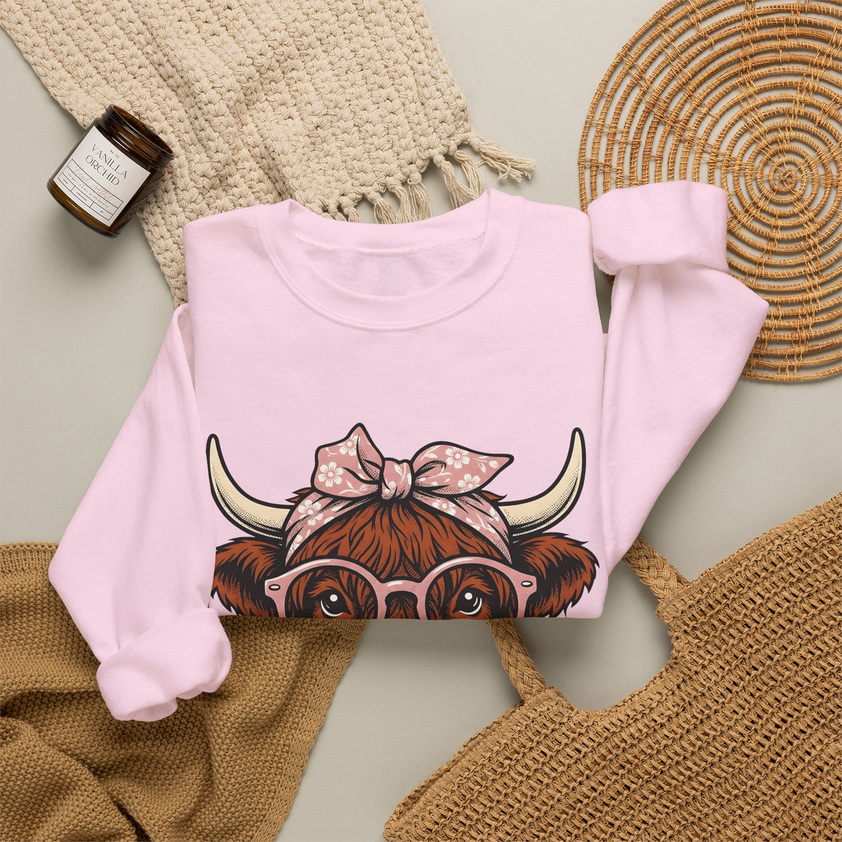 Hairy Cow Sweatshirt Highland Cow Pet Gift Women Sketch Sweatshirt Furry Cow Sweatshirt Highland Cattle Fan Drawing Graphic Sweatshirt Cartoon Shades Sweatshirt