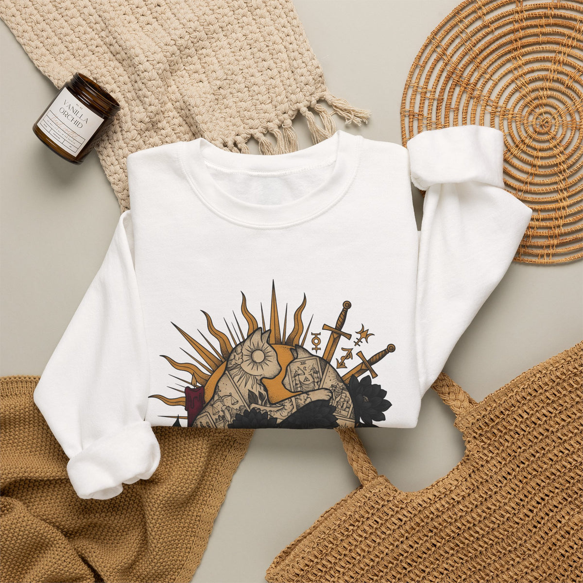 Oracle Cat Sweatshirt Cat Magic Gift Women Ink Sweatshirt Kitty Cat Sweatshirt Feline Fan Tattoo Sweatshirt Mystical Graphic Classic Dark Blossoms Sweatshirt