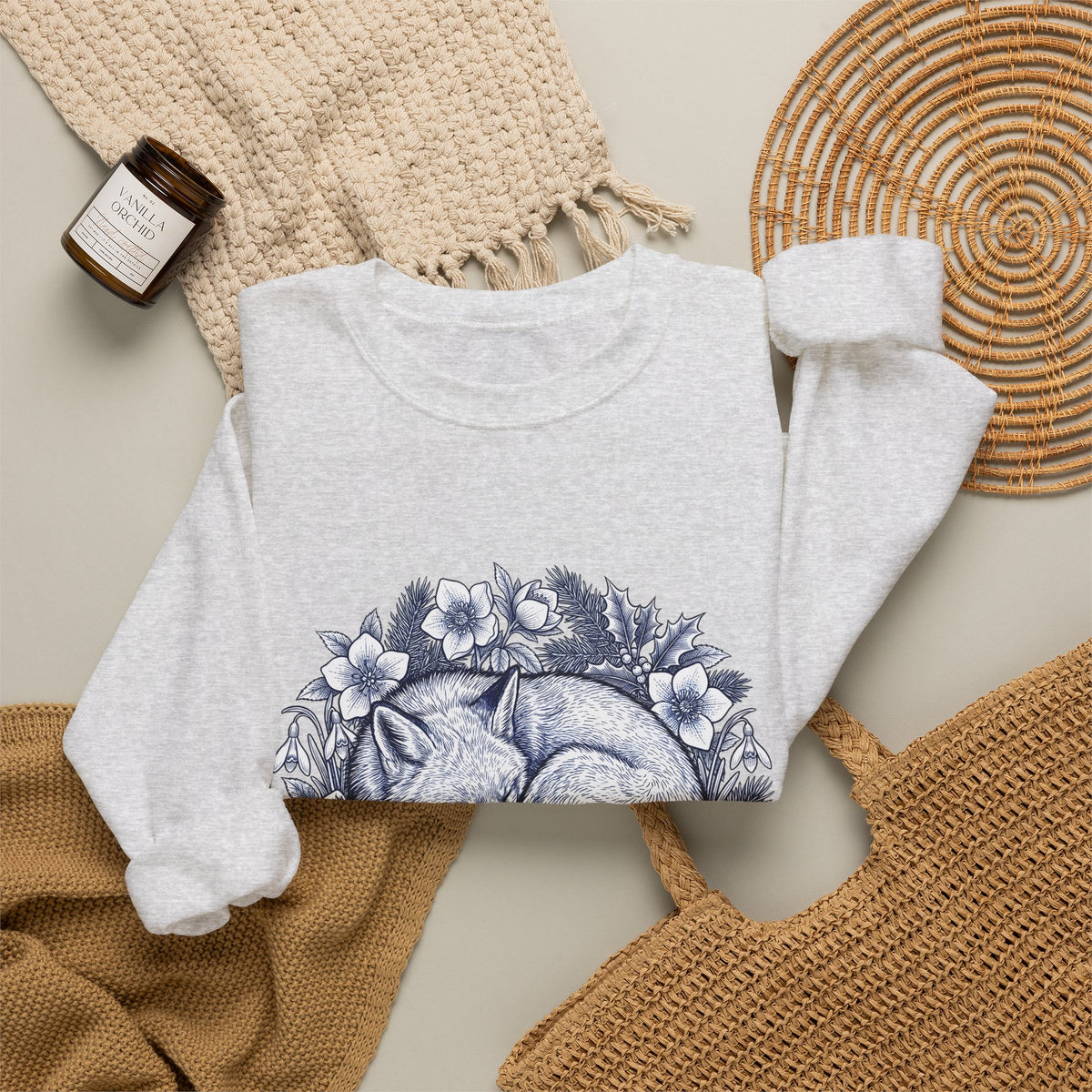 Fox Blossom Sweatshirt Christmas Creature Gift Women Cartoon Sweatshirt Flower Sweatshirt Xmas Fan Comic Sweatshirt Beast Graphic Hand Drawn Pine Branch Sweatshirt