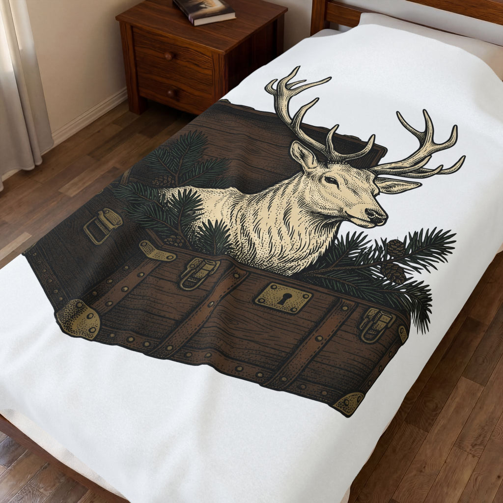 Deer Chest Blanket Woodland Animal Gift Women Hand Drawn Blanket Fawn Blanket Forest Fan Illustrated Graphic Blanket Vintage Pine Branches Blanket