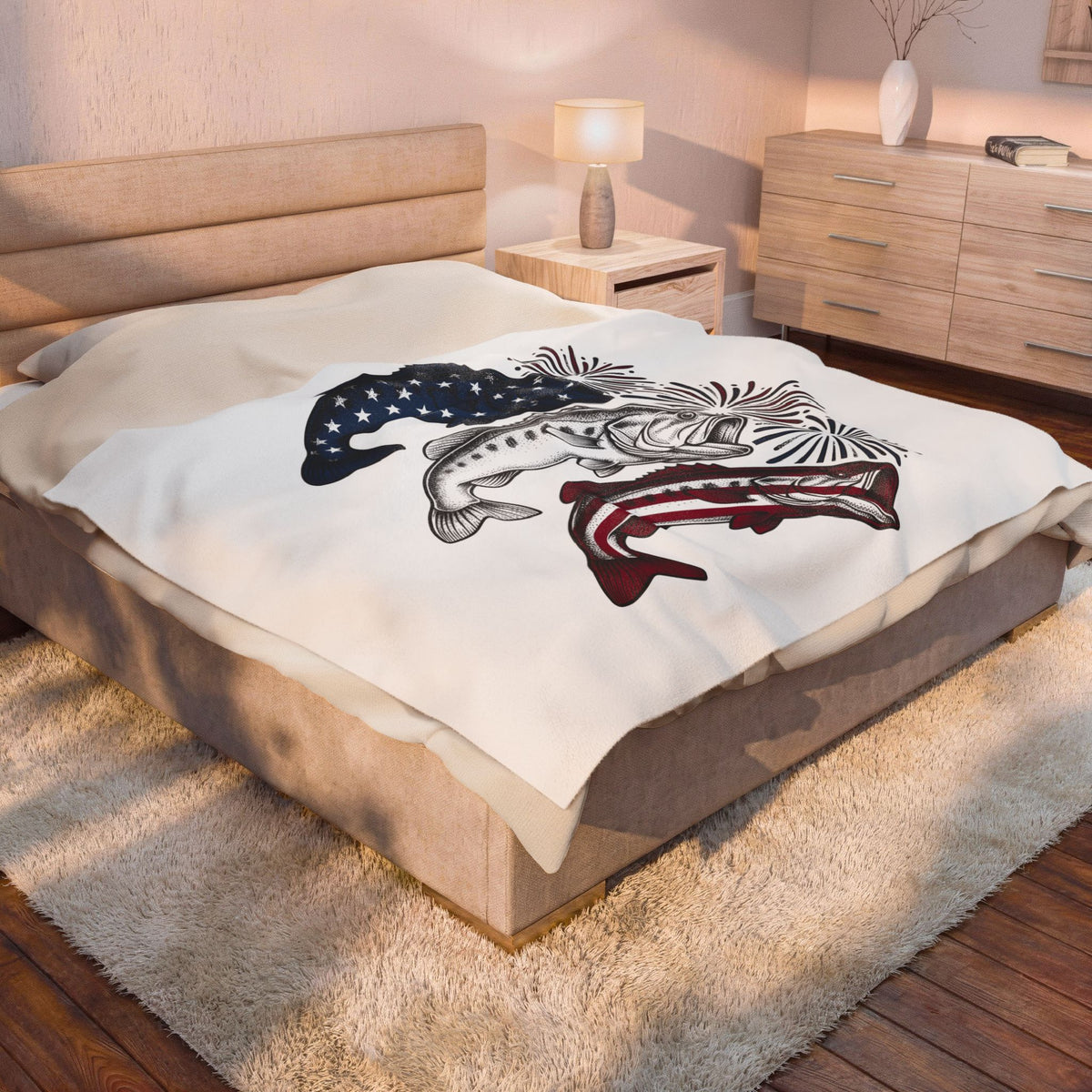 Usa Bass Fish Blanket 4th Of July Fishery Gift Women Rustic Blanket Bass Blanket Independence Day Fan Country Blanket Fishing Graphic Line Art