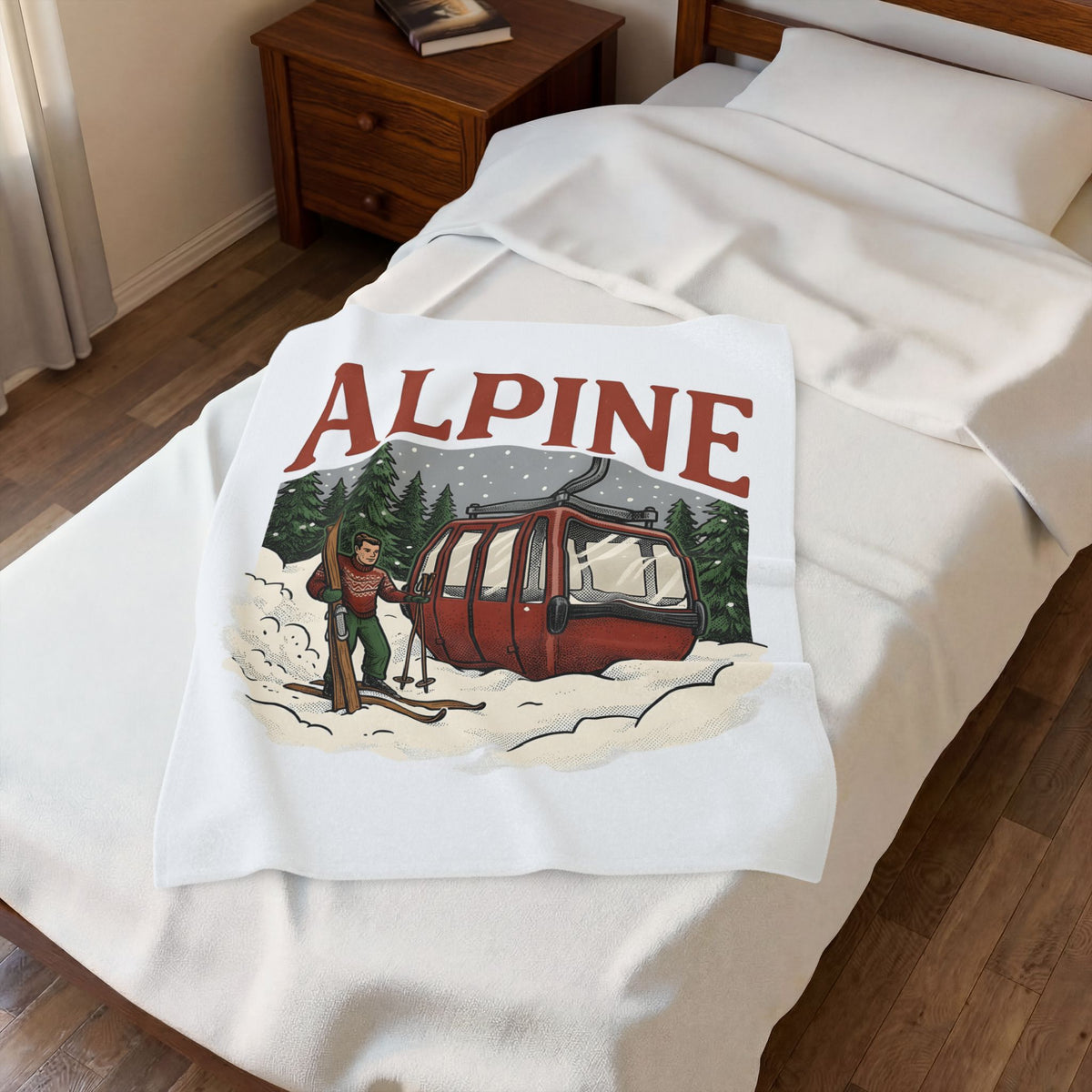Ski Lift Blanket Christmas Winter Gift Women Vintage Blanket Chairlift Blanket Holiday Fan Retro Blanket Frosty Graphic Hand Drawn Evergreen Trees