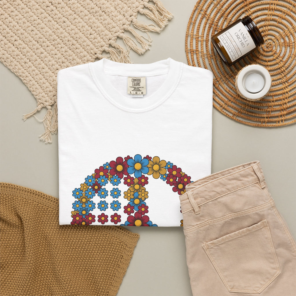 Peace Symbol Flower T-Shirt N Symbol Gift Women Hippie T-Shirt Peace Sign T-Shirt Nature Enthusiast Bohemian T-Shirt Iconic Graphic Retro Chamomile