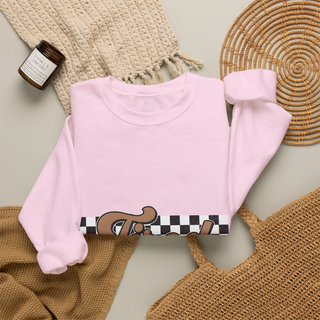 Cursive Font Sweatshirt Mom Comedy Gift Women Nostalgic Sweatshirt Script Sweatshirt Mother Fan Vintage Sweatshirt Humor Graphic Old-Fashioned Check Pattern