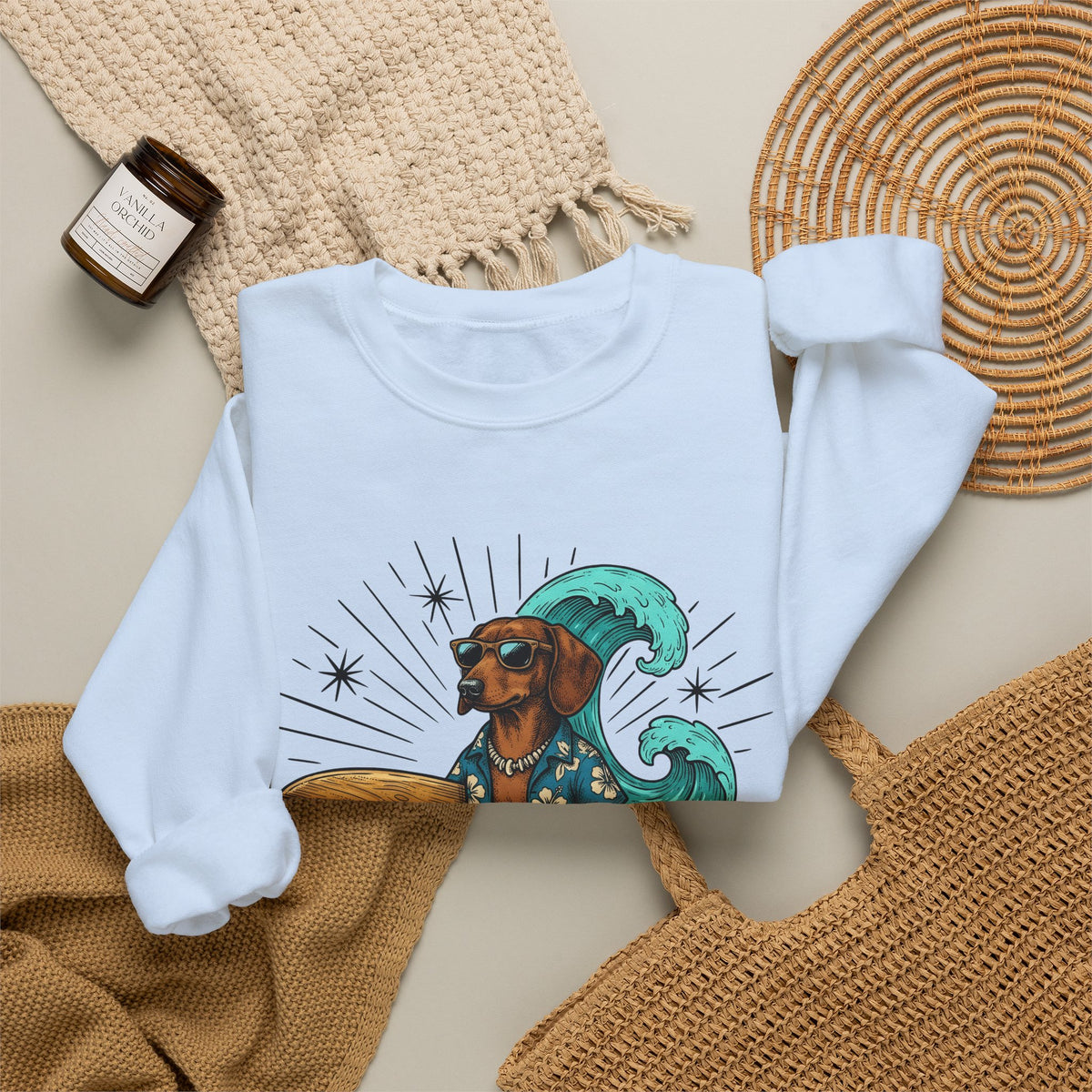 Dachshund Surfer Sweatshirt Dog Holiday Gift Women Animated Sweatshirt Wiener Dog Sweatshirt Dog Fan Cartoon Sweatshirt Vacation Graphic Retro Surfboard Sweatshirt