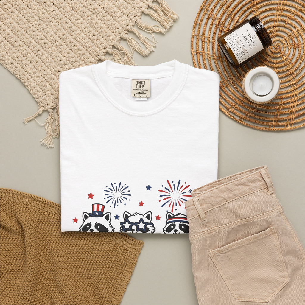 Raccoon Pack T-Shirt 4th Of July Fauna Gift Women Hand Drawn T-Shirt Trash Panda T-Shirt Independence Day Fan Illustrated T-Shirt Wildlife Graphic