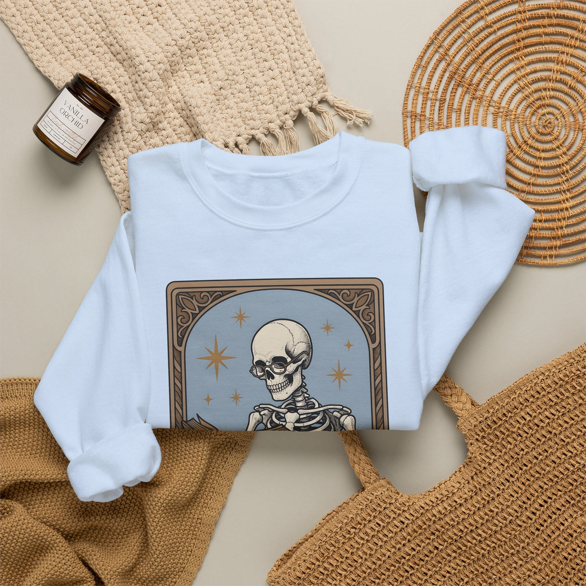 Skeleton Reading Book Sweatshirt Gothic Academic Gift Women Vintage Sweatshirt Skeleton Sweatshirt Dark Fan Retro Sweatshirt Scholar Graphic Tarot Coffee Cup