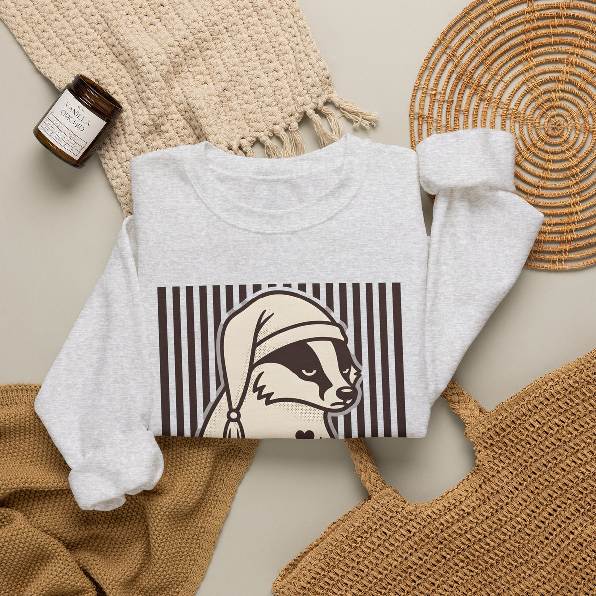 Dozing Badger Sweatshirt Funny Mammal Gift Women Cartoon Sweatshirt Badger Sweatshirt Humor Fan Comic Sweatshirt Wildlife Graphic Hand Drawn Bedtime Hat Sweatshirt