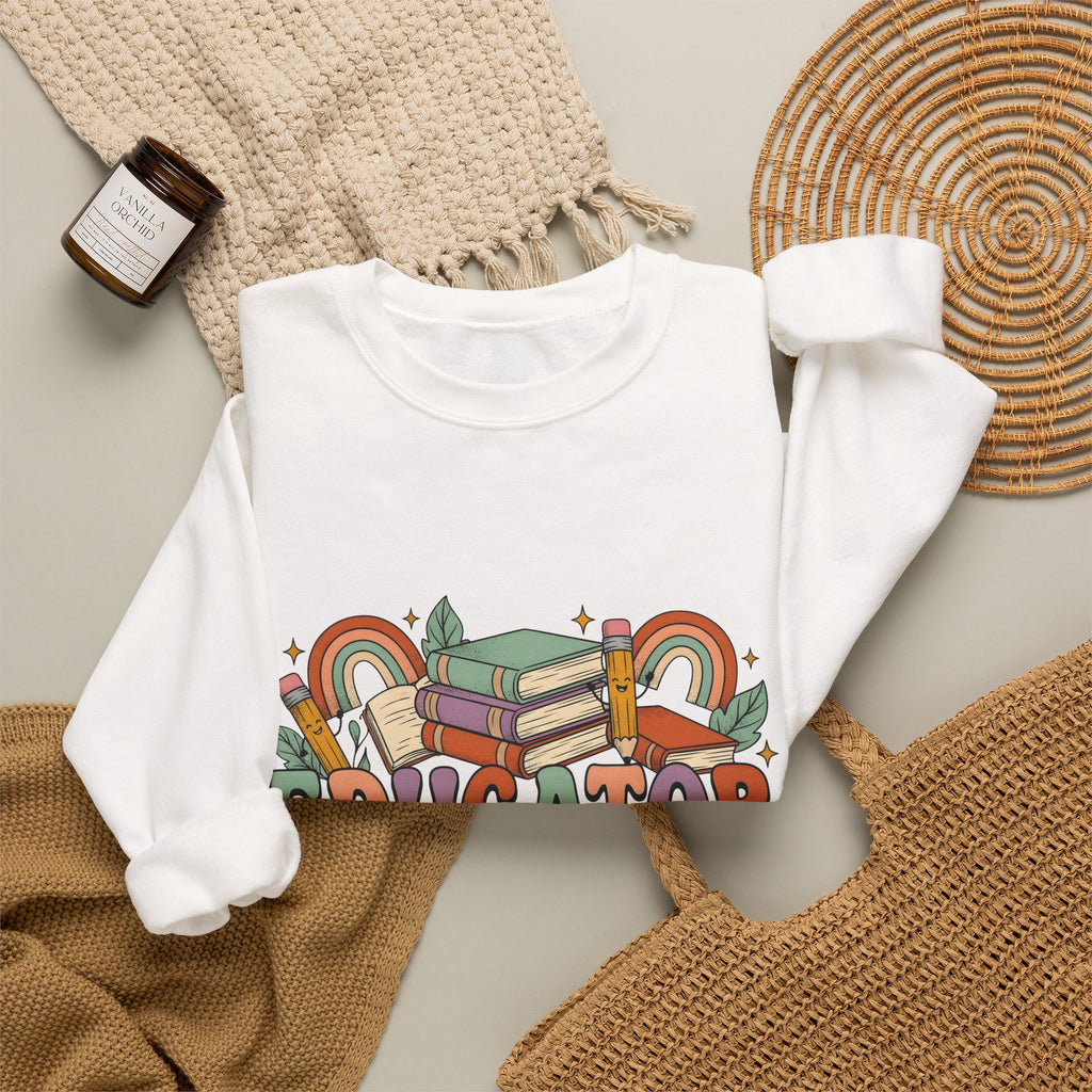 Books Pencils Sweatshirt Teacher School Gift Women Cartoon Sweatshirt Stationery Sweatshirt Educator Enthusiast Comic Sweatshirt Classroom Graphic Retro